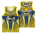 North Queensland Cowboys Rugby Basketball Jersey Polynesian Tribal Bull Warrior Navy Yellow Pattern