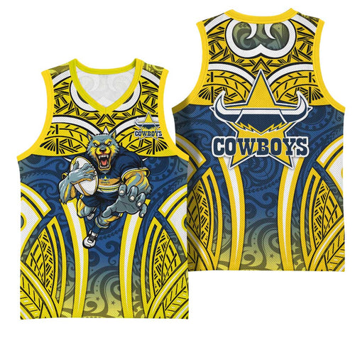 North Queensland Cowboys Rugby Basketball Jersey Polynesian Tribal Bull Warrior Navy Yellow Pattern