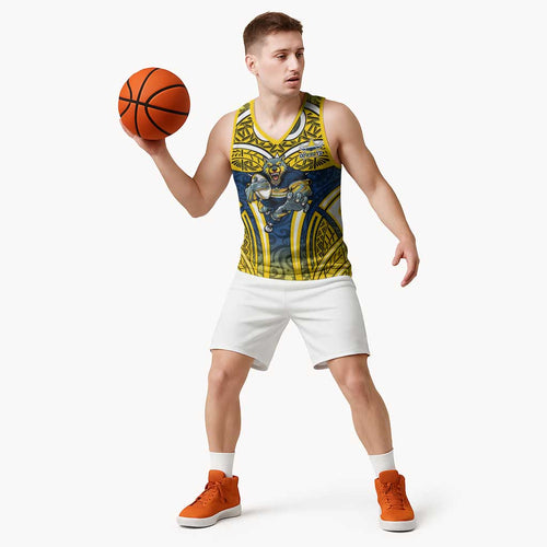 North Queensland Cowboys Rugby Basketball Jersey Polynesian Tribal Bull Warrior Navy Yellow Pattern