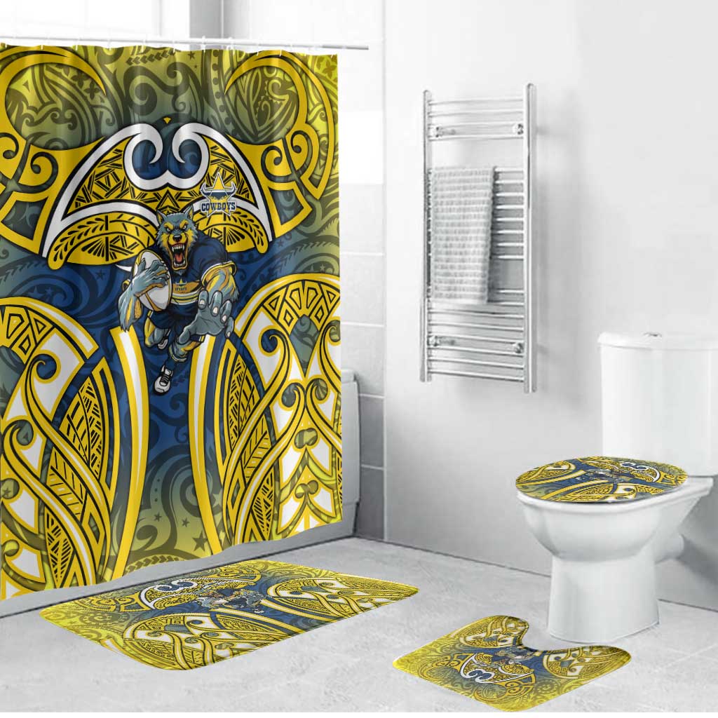 North Queensland Cowboys Rugby Bathroom Set Polynesian Tribal Bull Warrior Navy Yellow Pattern