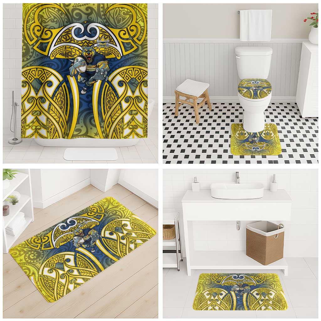 North Queensland Cowboys Rugby Bathroom Set Polynesian Tribal Bull Warrior Navy Yellow Pattern