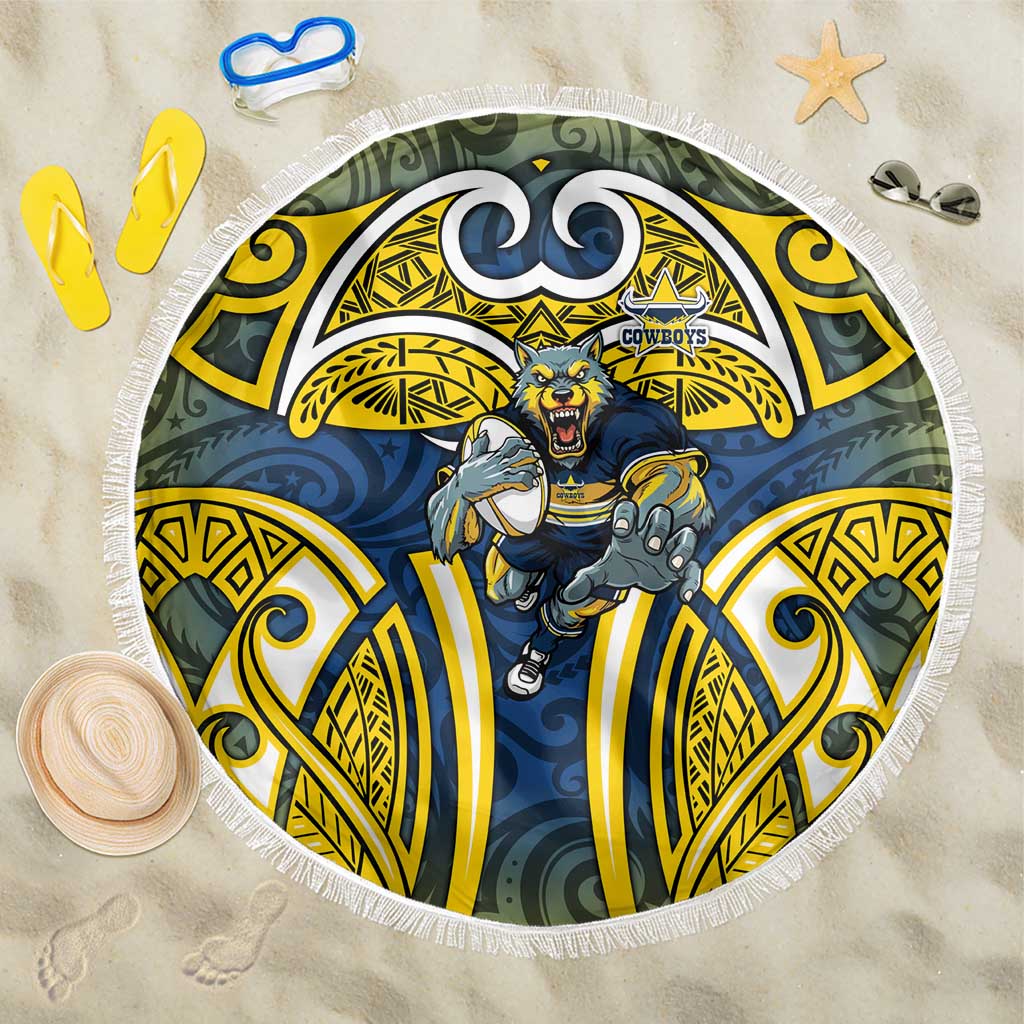 North Queensland Cowboys Rugby Beach Blanket Polynesian Tribal Bull Warrior Navy Yellow Pattern