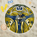 North Queensland Cowboys Rugby Beach Blanket Polynesian Tribal Bull Warrior Navy Yellow Pattern