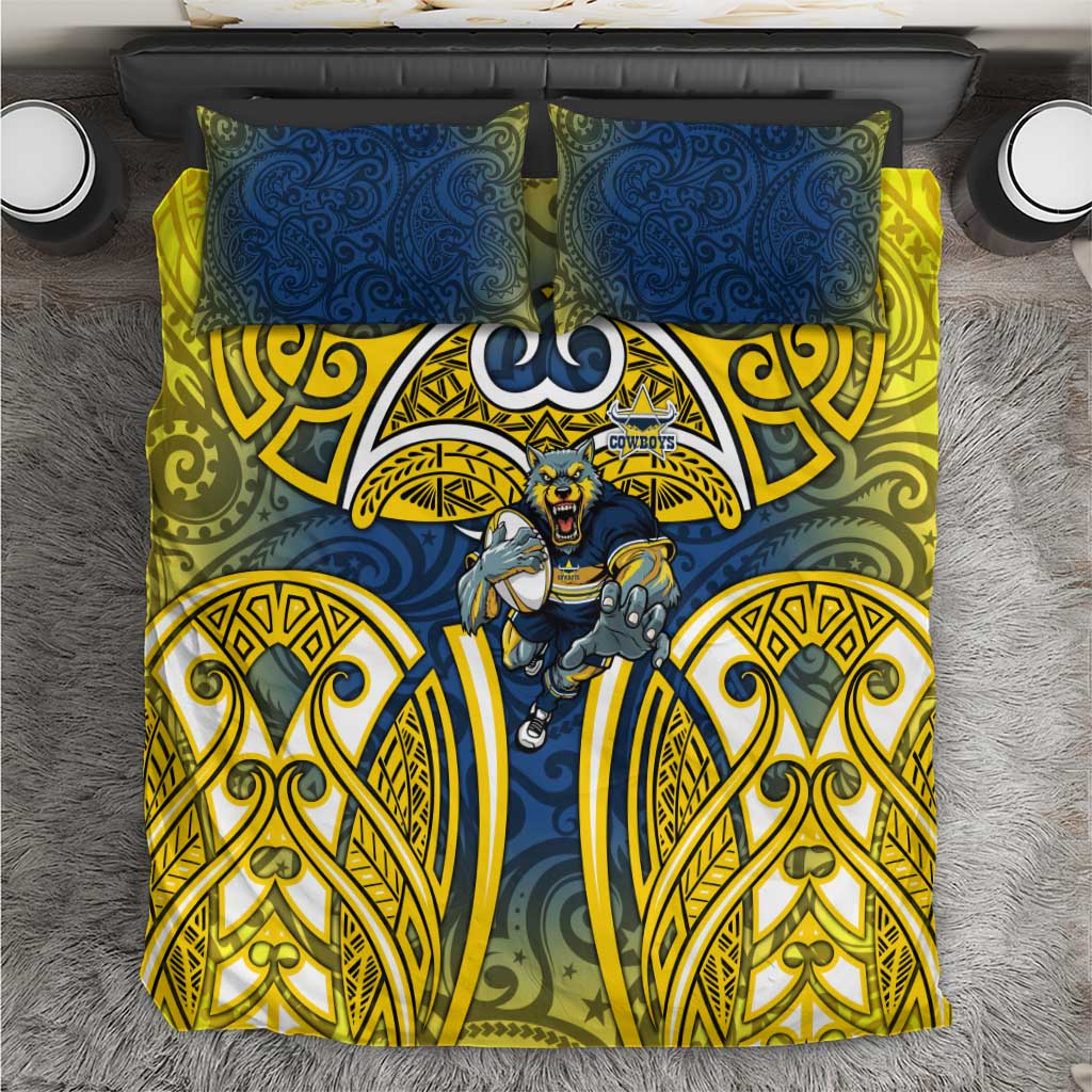 North Queensland Cowboys Rugby Bedding Set Polynesian Tribal Bull Warrior Navy Yellow Pattern