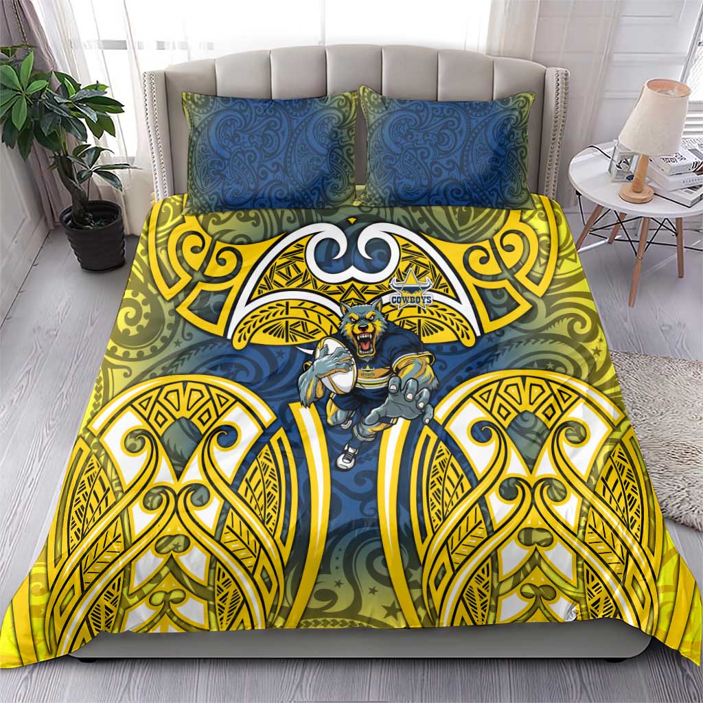North Queensland Cowboys Rugby Bedding Set Polynesian Tribal Bull Warrior Navy Yellow Pattern