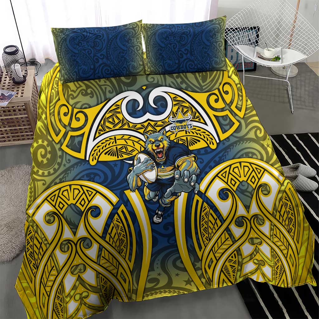 North Queensland Cowboys Rugby Bedding Set Polynesian Tribal Bull Warrior Navy Yellow Pattern