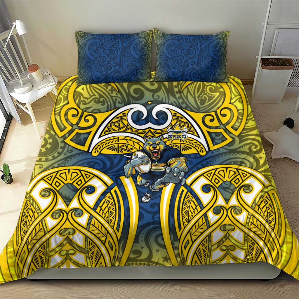 North Queensland Cowboys Rugby Bedding Set Polynesian Tribal Bull Warrior Navy Yellow Pattern