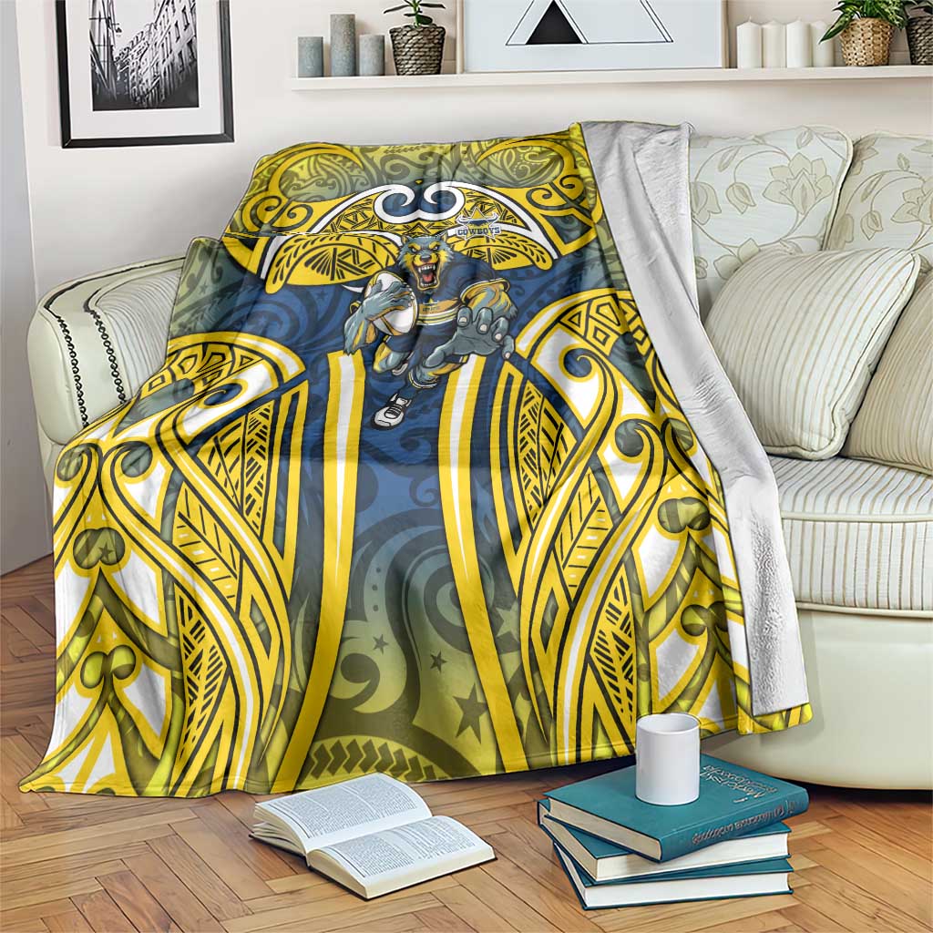 North Queensland Cowboys Rugby Blanket Polynesian Tribal Bull Warrior Navy Yellow Pattern