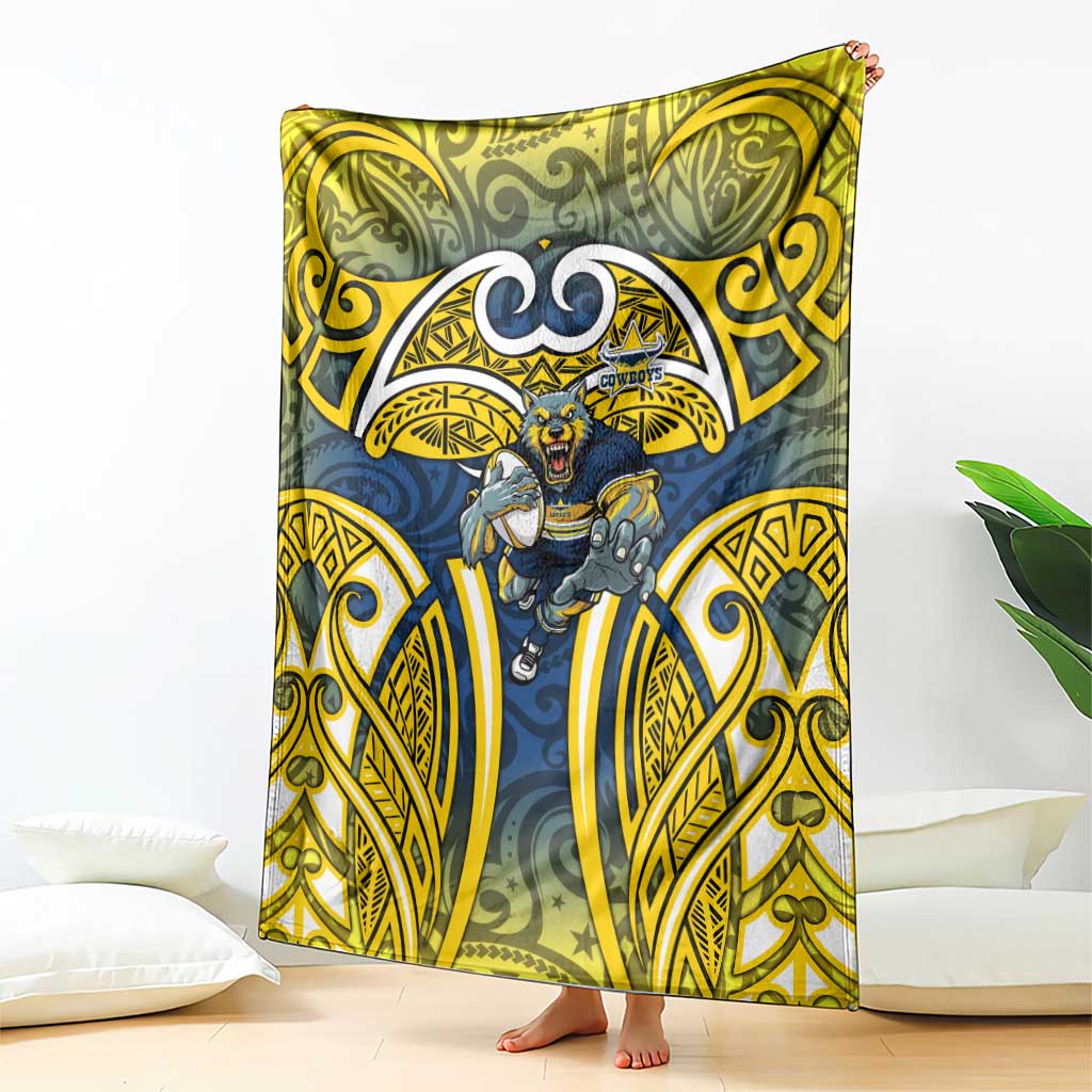 North Queensland Cowboys Rugby Blanket Polynesian Tribal Bull Warrior Navy Yellow Pattern
