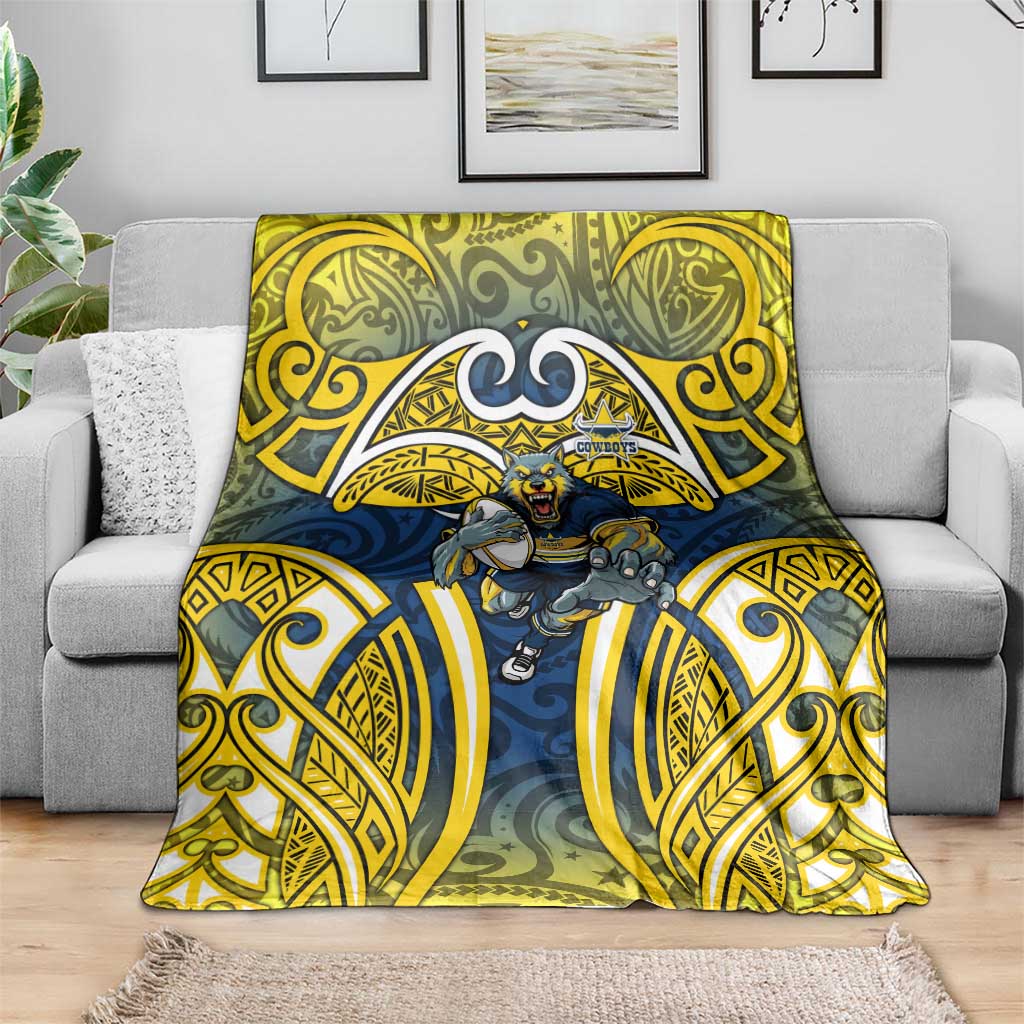 North Queensland Cowboys Rugby Blanket Polynesian Tribal Bull Warrior Navy Yellow Pattern