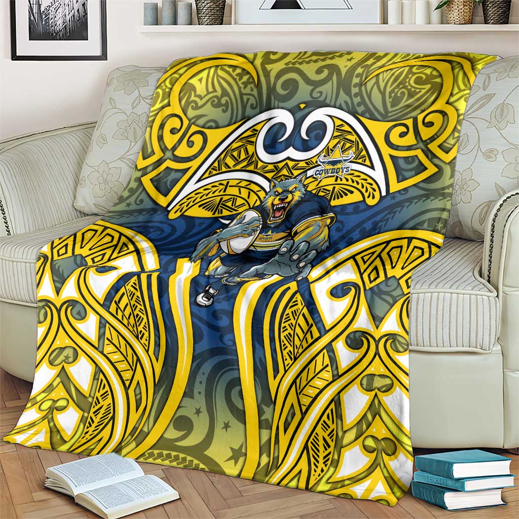 North Queensland Cowboys Rugby Blanket Polynesian Tribal Bull Warrior Navy Yellow Pattern