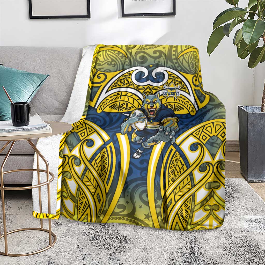 North Queensland Cowboys Rugby Blanket Polynesian Tribal Bull Warrior Navy Yellow Pattern