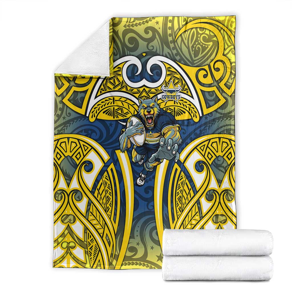 North Queensland Cowboys Rugby Blanket Polynesian Tribal Bull Warrior Navy Yellow Pattern