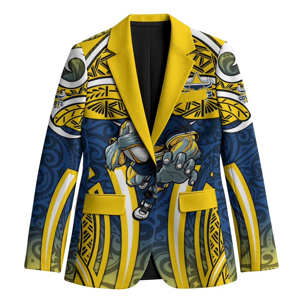 North Queensland Cowboys Rugby Blazer Polynesian Tribal Bull Warrior Navy Yellow Pattern