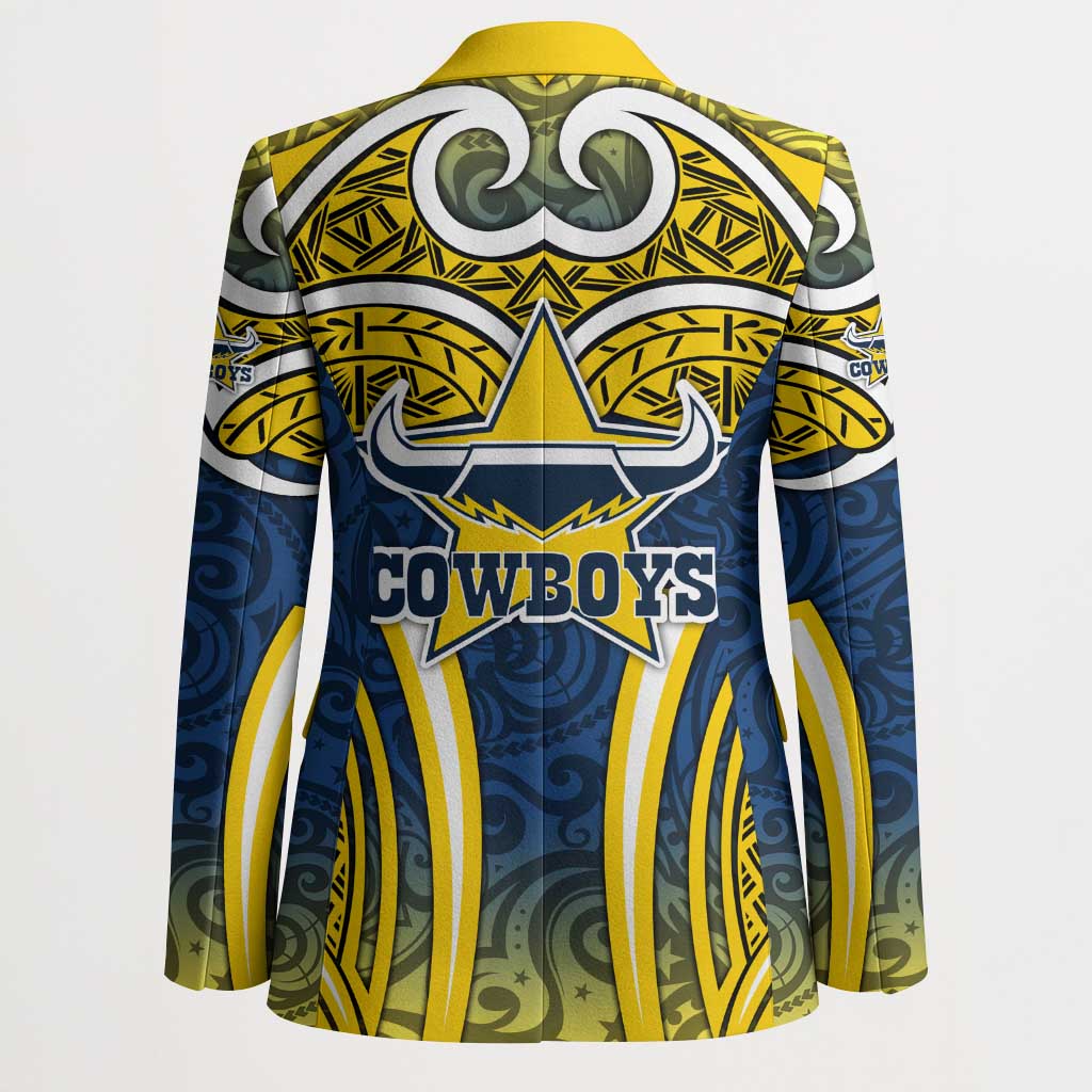 North Queensland Cowboys Rugby Blazer Polynesian Tribal Bull Warrior Navy Yellow Pattern
