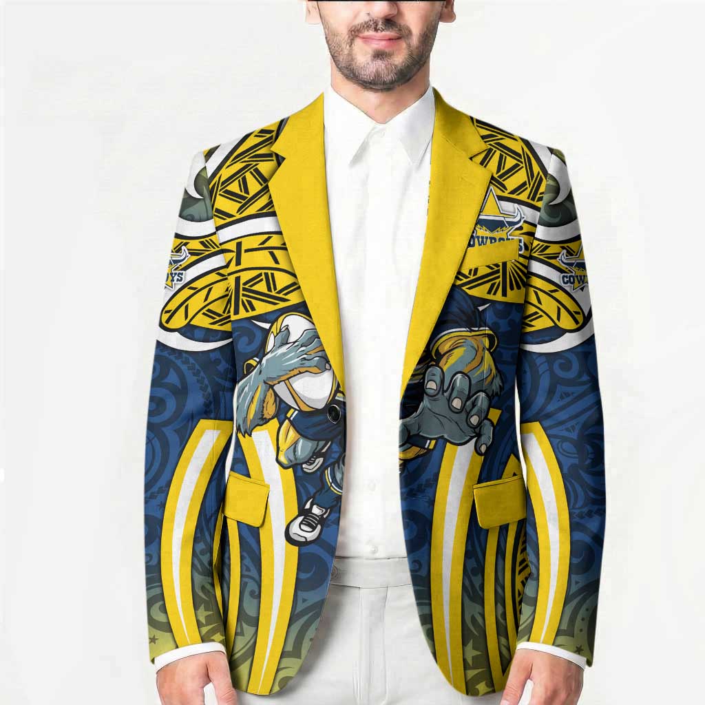 North Queensland Cowboys Rugby Blazer Polynesian Tribal Bull Warrior Navy Yellow Pattern