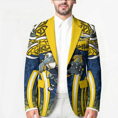 North Queensland Cowboys Rugby Blazer Polynesian Tribal Bull Warrior Navy Yellow Pattern