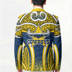 North Queensland Cowboys Rugby Blazer Polynesian Tribal Bull Warrior Navy Yellow Pattern