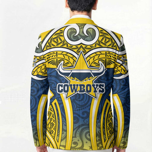 North Queensland Cowboys Rugby Blazer Polynesian Tribal Bull Warrior Navy Yellow Pattern