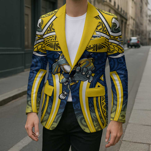 North Queensland Cowboys Rugby Blazer Polynesian Tribal Bull Warrior Navy Yellow Pattern