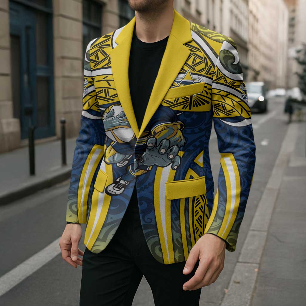 North Queensland Cowboys Rugby Blazer Polynesian Tribal Bull Warrior Navy Yellow Pattern