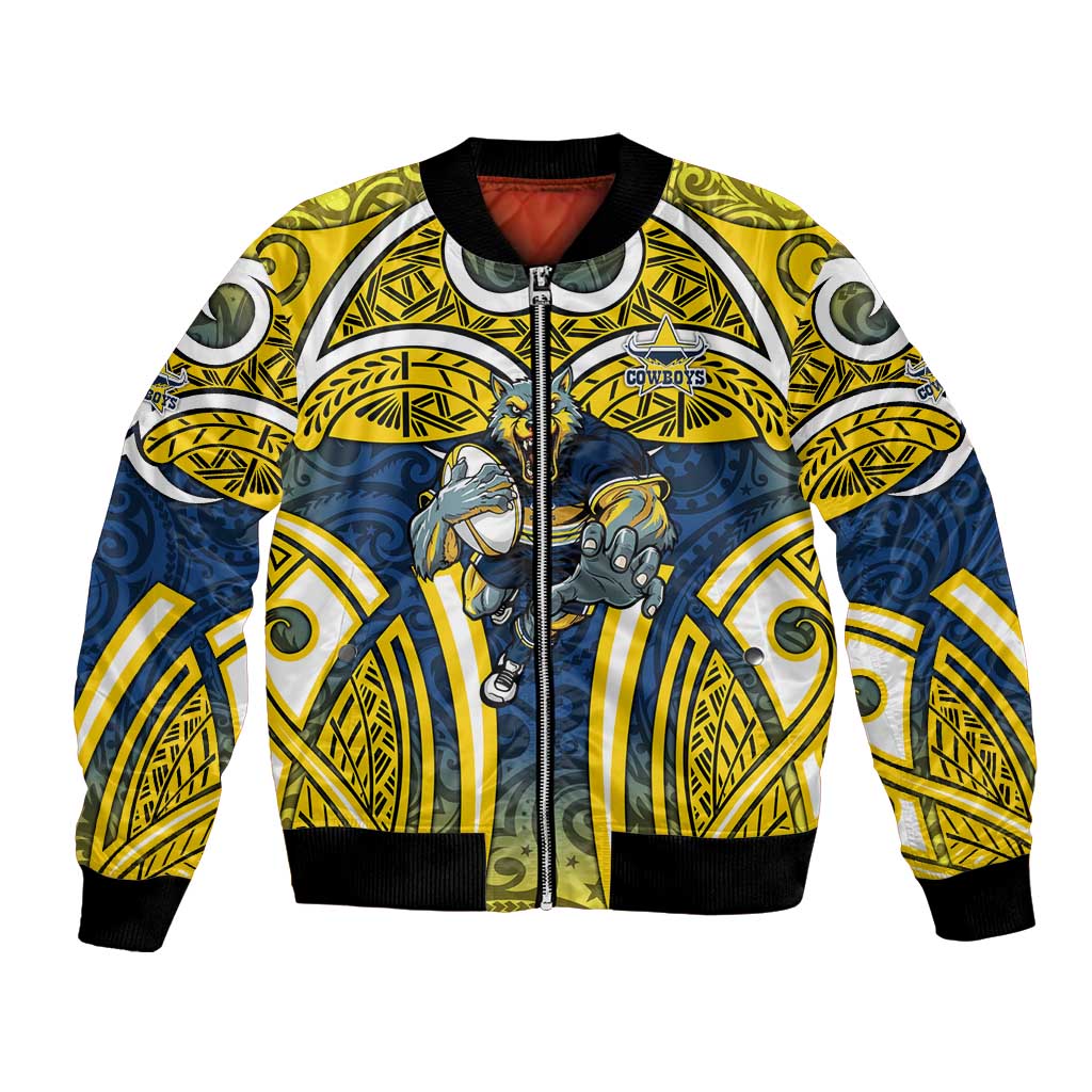 North Queensland Cowboys Rugby Bomber Jacket Polynesian Tribal Bull Warrior Navy Yellow Pattern
