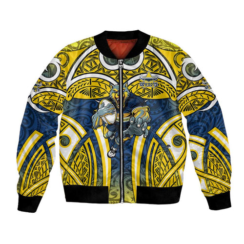 North Queensland Cowboys Rugby Bomber Jacket Polynesian Tribal Bull Warrior Navy Yellow Pattern