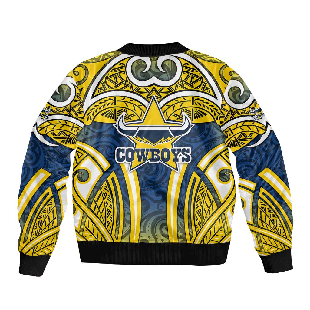 North Queensland Cowboys Rugby Bomber Jacket Polynesian Tribal Bull Warrior Navy Yellow Pattern