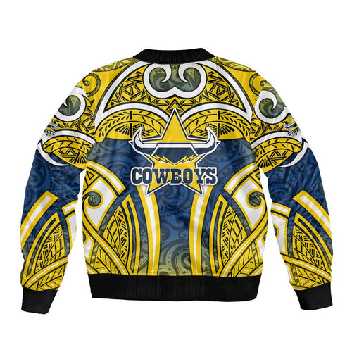 North Queensland Cowboys Rugby Bomber Jacket Polynesian Tribal Bull Warrior Navy Yellow Pattern