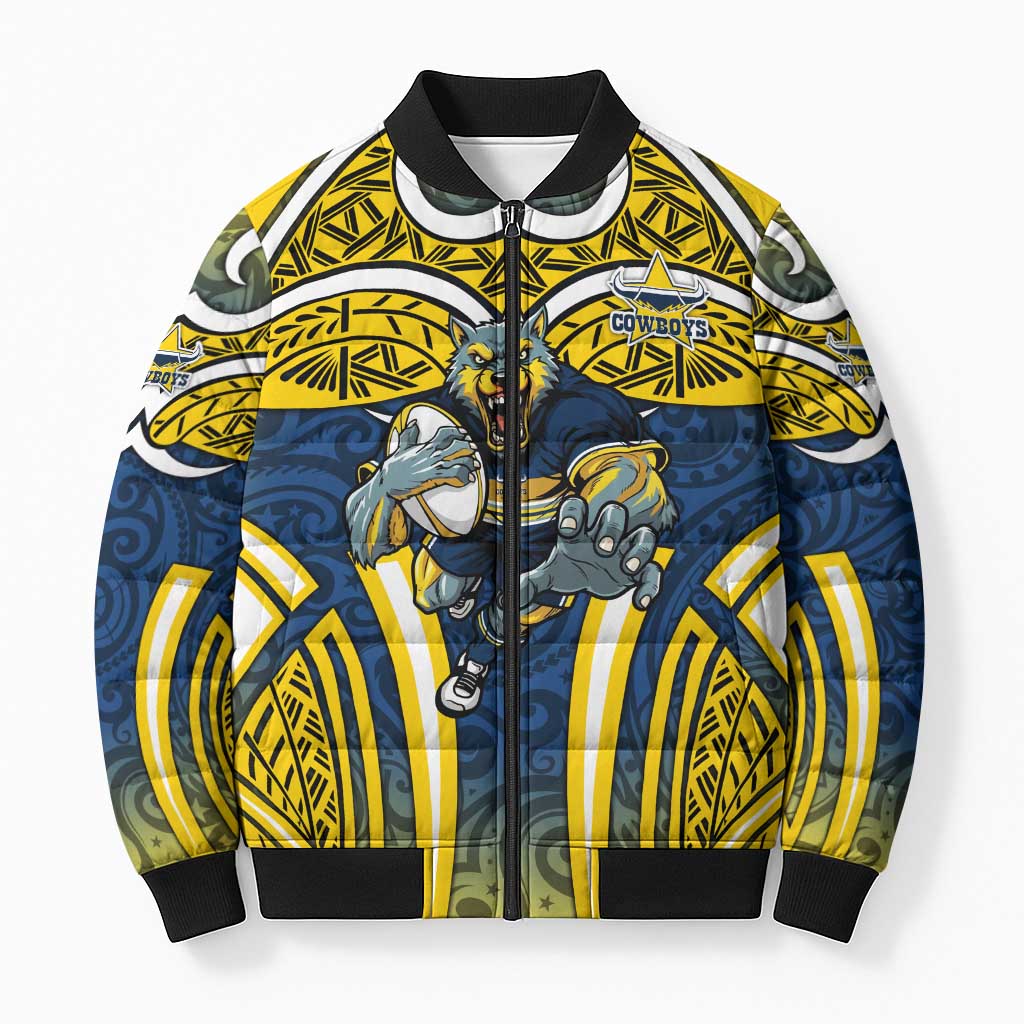 North Queensland Cowboys Rugby Bomber Puffer Jacket Polynesian Tribal Bull Warrior Navy Yellow Pattern