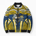 North Queensland Cowboys Rugby Bomber Puffer Jacket Polynesian Tribal Bull Warrior Navy Yellow Pattern
