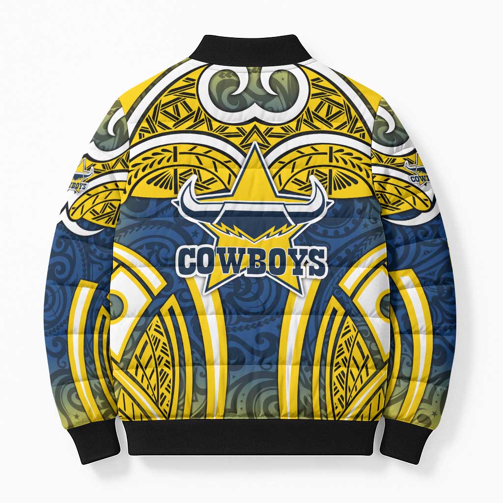 North Queensland Cowboys Rugby Bomber Puffer Jacket Polynesian Tribal Bull Warrior Navy Yellow Pattern
