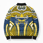 North Queensland Cowboys Rugby Bomber Puffer Jacket Polynesian Tribal Bull Warrior Navy Yellow Pattern