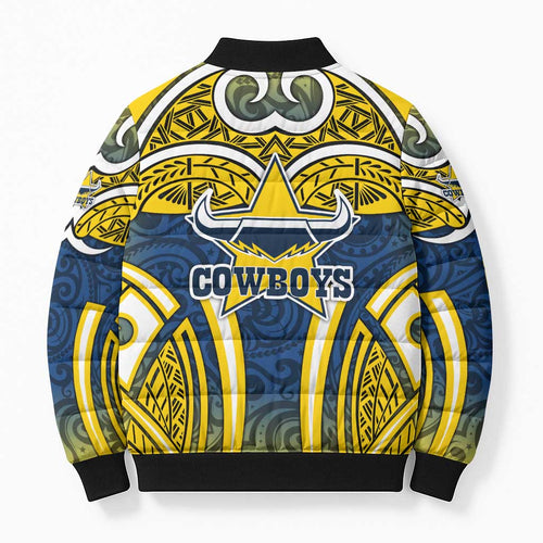 North Queensland Cowboys Rugby Bomber Puffer Jacket Polynesian Tribal Bull Warrior Navy Yellow Pattern