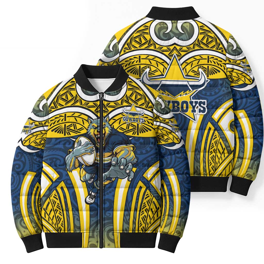 North Queensland Cowboys Rugby Bomber Puffer Jacket Polynesian Tribal Bull Warrior Navy Yellow Pattern