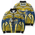 North Queensland Cowboys Rugby Bomber Puffer Jacket Polynesian Tribal Bull Warrior Navy Yellow Pattern