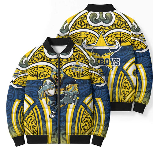 North Queensland Cowboys Rugby Bomber Puffer Jacket Polynesian Tribal Bull Warrior Navy Yellow Pattern