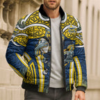 North Queensland Cowboys Rugby Bomber Puffer Jacket Polynesian Tribal Bull Warrior Navy Yellow Pattern