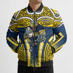 North Queensland Cowboys Rugby Bomber Puffer Jacket Polynesian Tribal Bull Warrior Navy Yellow Pattern