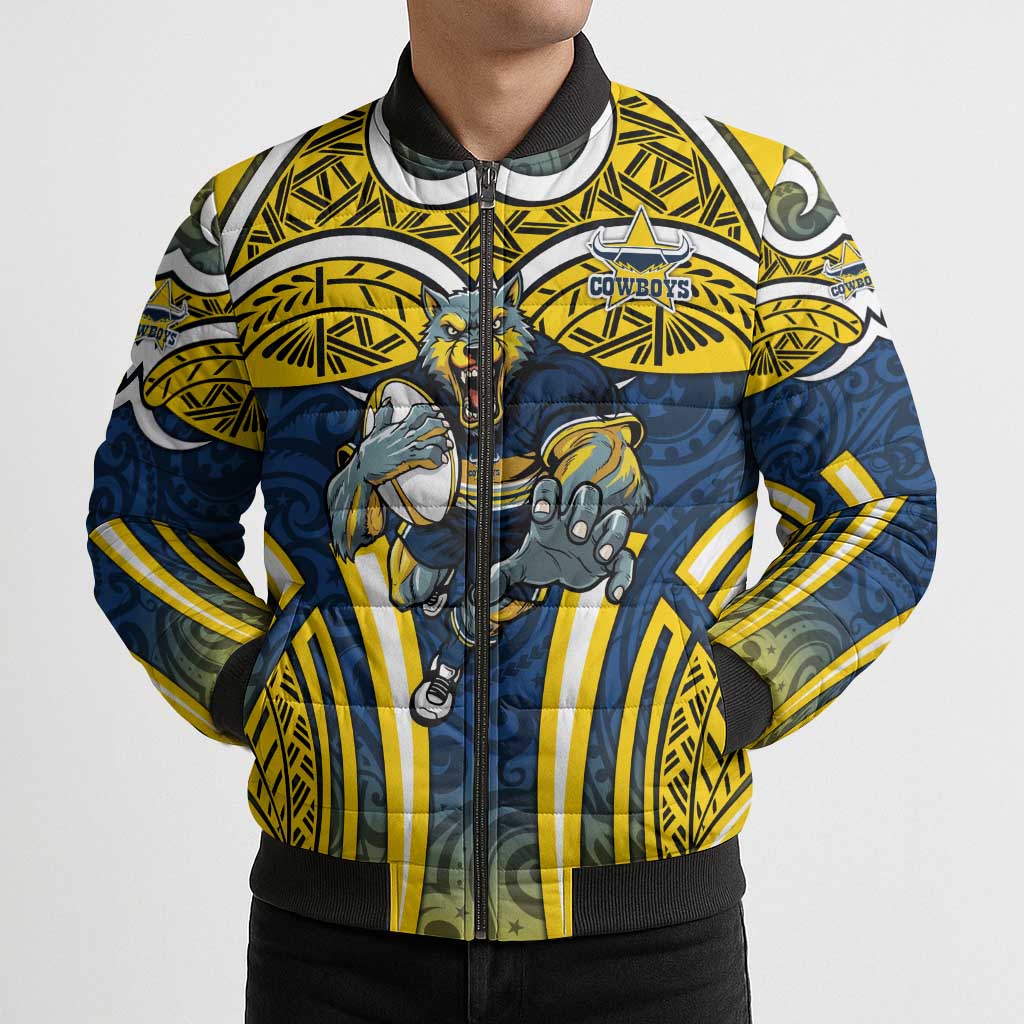 North Queensland Cowboys Rugby Bomber Puffer Jacket Polynesian Tribal Bull Warrior Navy Yellow Pattern