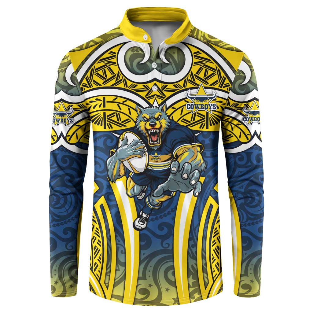 North Queensland Cowboys Rugby Button Sweatshirt Polynesian Tribal Bull Warrior Navy Yellow Pattern