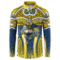 North Queensland Cowboys Rugby Button Sweatshirt Polynesian Tribal Bull Warrior Navy Yellow Pattern