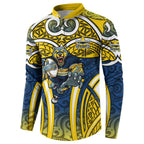 North Queensland Cowboys Rugby Button Sweatshirt Polynesian Tribal Bull Warrior Navy Yellow Pattern