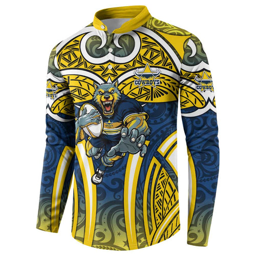 North Queensland Cowboys Rugby Button Sweatshirt Polynesian Tribal Bull Warrior Navy Yellow Pattern