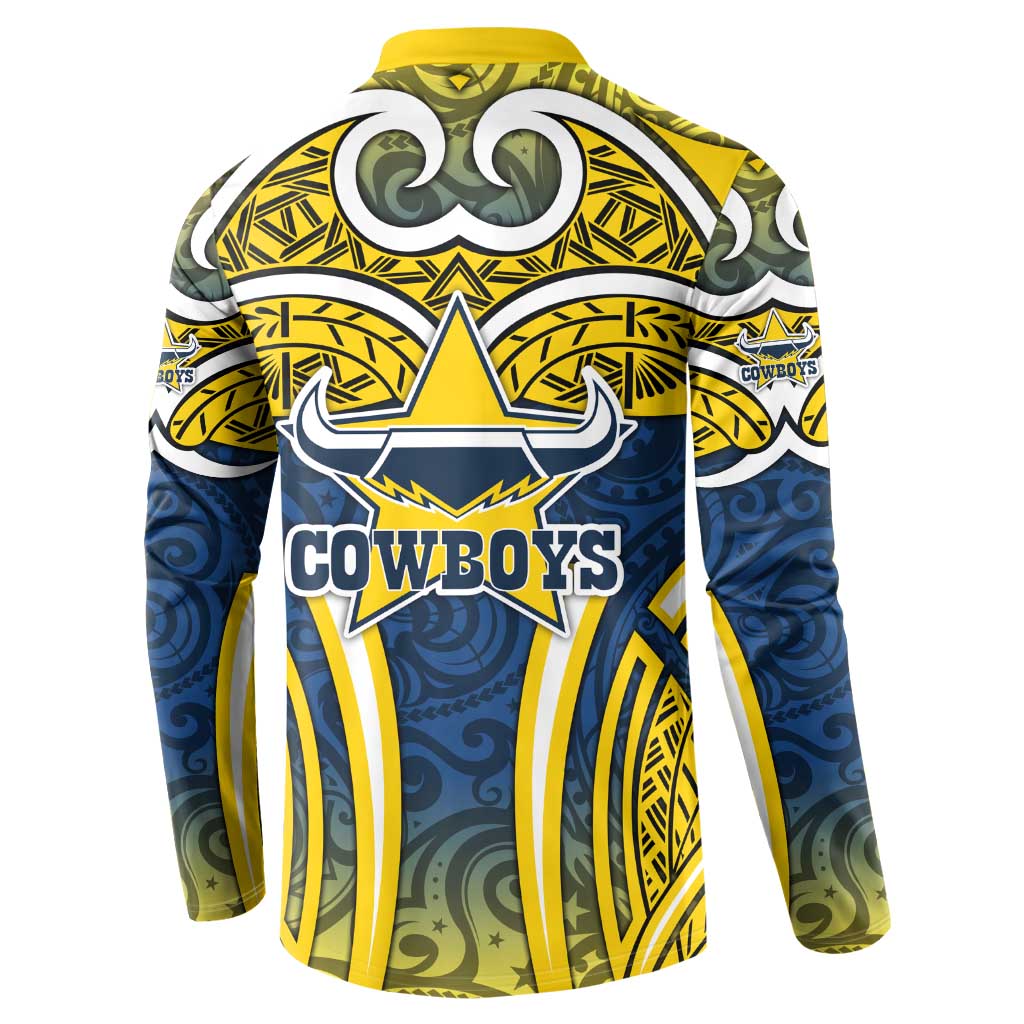 North Queensland Cowboys Rugby Button Sweatshirt Polynesian Tribal Bull Warrior Navy Yellow Pattern