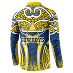 North Queensland Cowboys Rugby Button Sweatshirt Polynesian Tribal Bull Warrior Navy Yellow Pattern