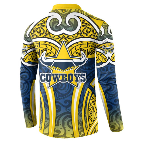 North Queensland Cowboys Rugby Button Sweatshirt Polynesian Tribal Bull Warrior Navy Yellow Pattern