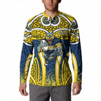 North Queensland Cowboys Rugby Button Sweatshirt Polynesian Tribal Bull Warrior Navy Yellow Pattern