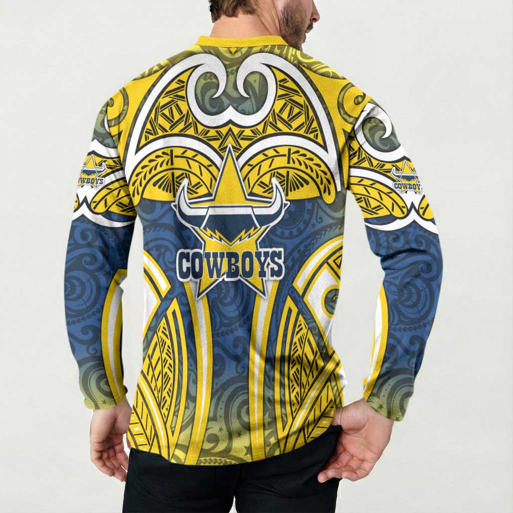 North Queensland Cowboys Rugby Button Sweatshirt Polynesian Tribal Bull Warrior Navy Yellow Pattern