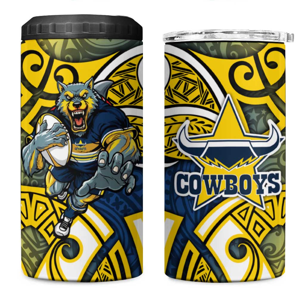 North Queensland Cowboys Rugby 4 in 1 Can Cooler Tumbler Polynesian Tribal Bull Warrior Navy Yellow Pattern